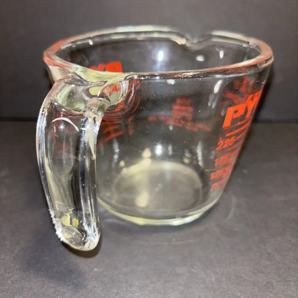Pyrex 1 Cup Clear Measuring Cup with Red Graphics Oven Safe Made in USA